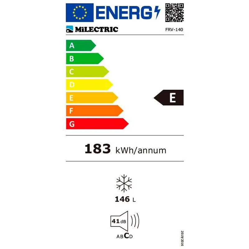 Congelador vertical Milectric FRV-140, 140 L, frío cíclico, 42 dB, clase energética E, blanco, 125 × 54,5 × 56,6 cm