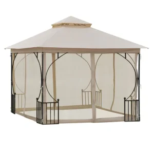 Outsunny Cenador de Jardín 3x3 m Gazebo con 4 Cortinas Laterales de Cremallera y Doble Techo con 8 Orificios de Drenaje Es...