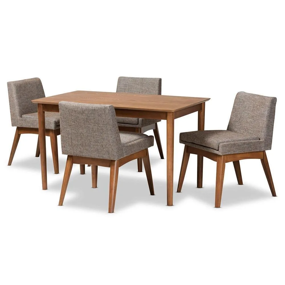 Juego de comedor Nexus de 5 piezas: 4 sillas tapizadas en tela color grava y mesa de madera con acabado nogal marrón, comb...