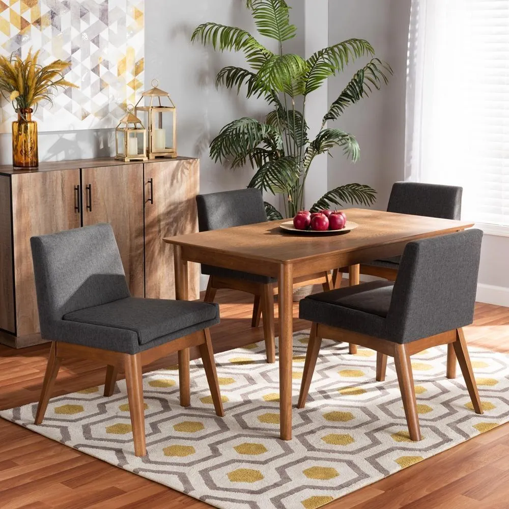 Juego de comedor Nexus de 5 piezas: 4 sillas tapizadas en tela gris y 1 mesa con acabado marrón nogal, estilo moderno de m...
