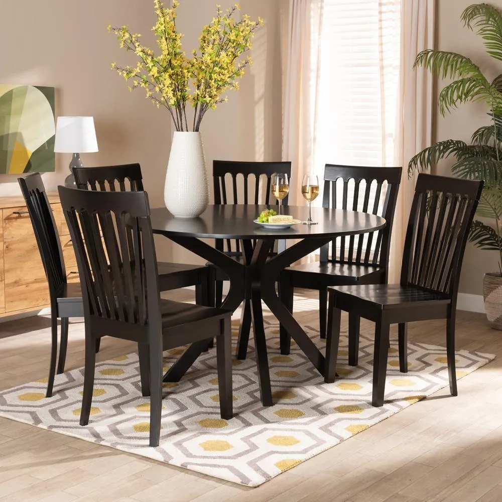 Juego de comedor Zora contemporáneo de 7 piezas en madera, acabado marrón oscuro