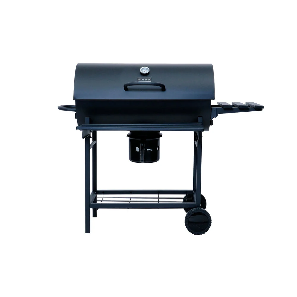 AASADOR DE CARBON TIPO BARRIL CON MESAS DE TRABAJO Y TERMÓMETRO - 45" PROLONGADO NUUR MODELO:ASCARBA45