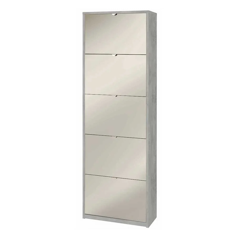 Elegante zapatero de 5 puertas con manija satinada Profundidad 29 cm acabado Cemento / Espejo Natural Sarmog