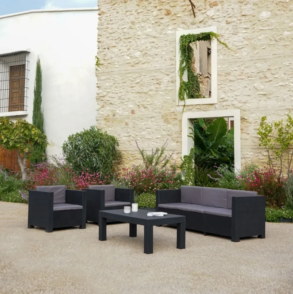 Confortable y Ergonómico Conjunto de jardín Diva Tropea 2 sillones + 1 sofá 3P + mesa de centro antracita