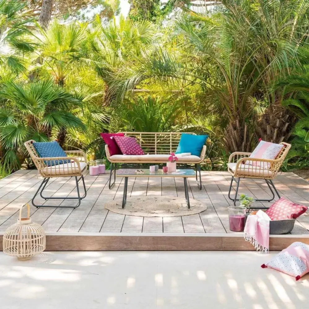 Conjunto de jardín Bali: 1 sofá, 1 mesa y 2 sillones de ratán natural/gris, altura del asiento 45 cm