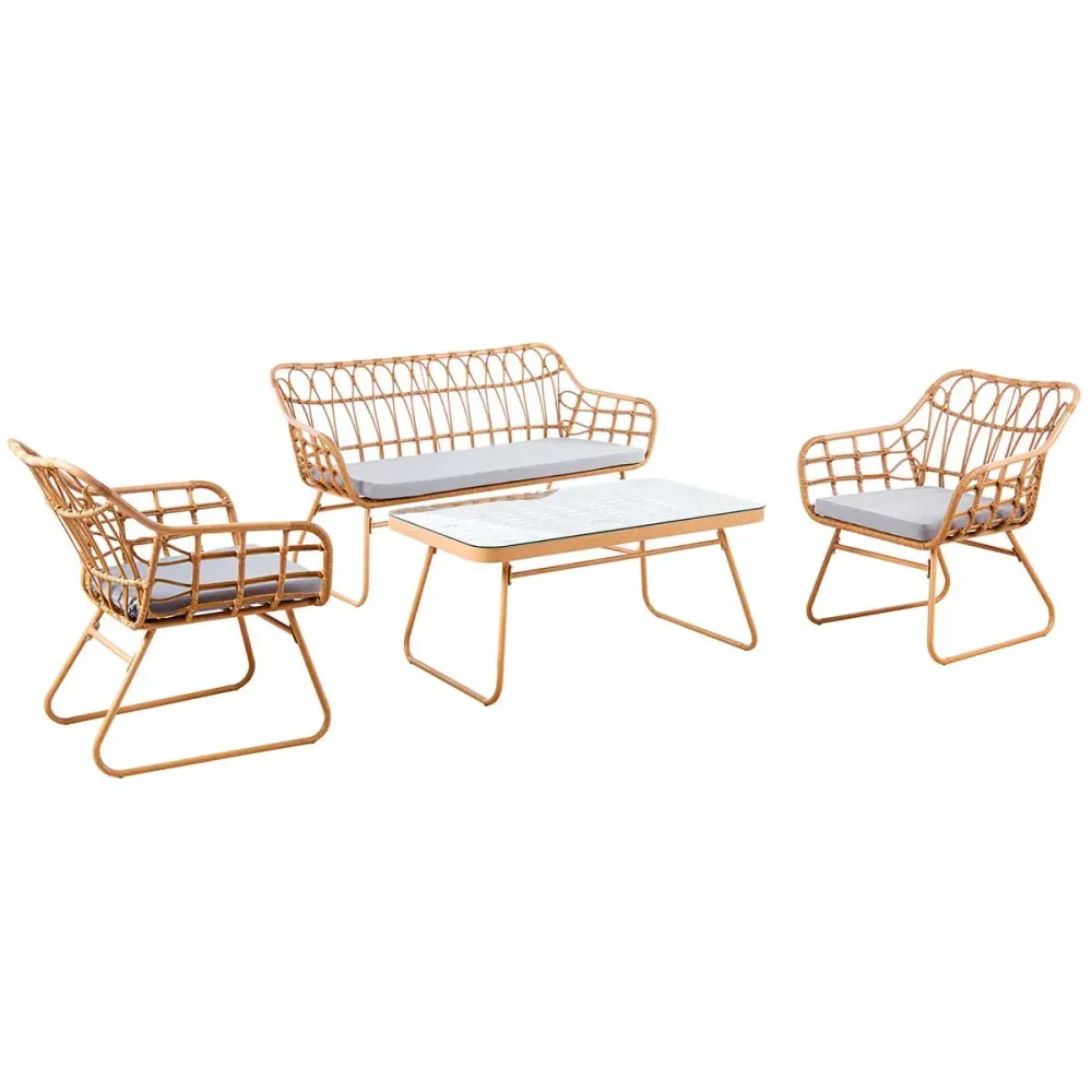 Conjunto de jardín Bali: 1 sofá, 1 mesa y 2 sillones de ratán natural/gris, altura del asiento 45 cm