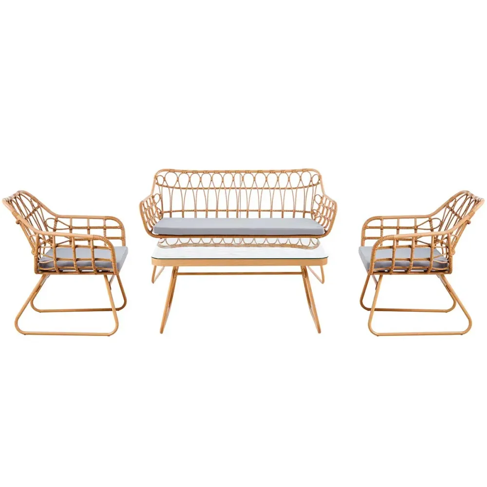 Conjunto de jardín Bali: 1 sofá, 1 mesa y 2 sillones de ratán natural/gris, altura del asiento 45 cm