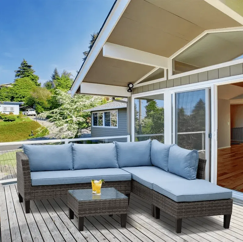 Conjunto de jardín Outsunny 4 piezas sofá modular+mesa ratán marrón/azul Resistente al Óxido