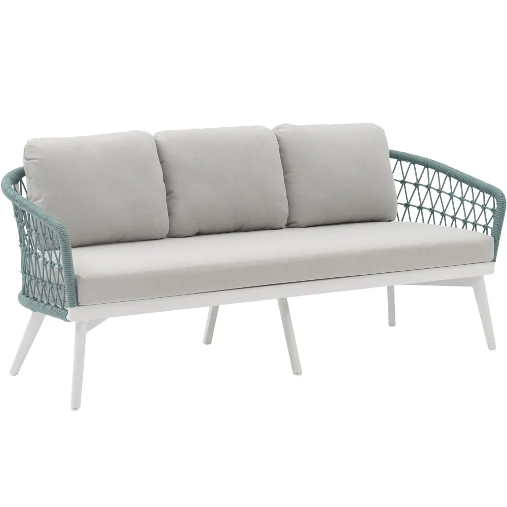 Puf de Exterior Sofá 3 plazas Nelayan aluminio blanco cuerda aqua