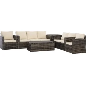 Silla con Respaldo Conjunto de jardín Outsunny 6 piezas 2 sofás+2 sillones+1 mesa centro+1 mesa aux marrón/crema