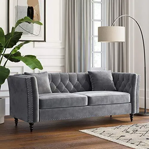 Sofá Chesterfield de terciopelo gris | Apilable | Ligera
