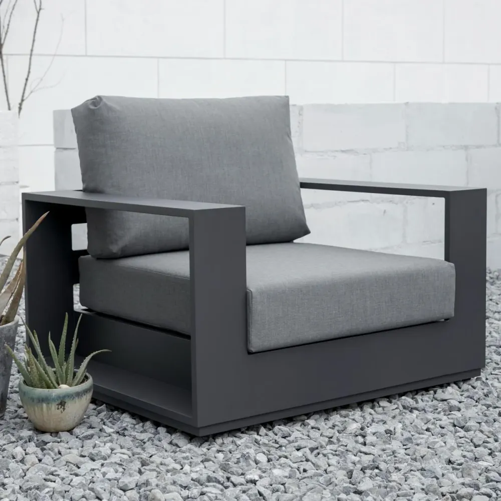 Sofá 1 plaza Ione aluminio antracita y textil gris medio en Madera de Acacia