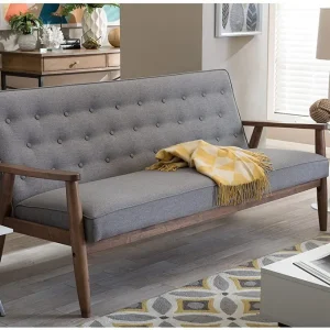 Sofá de 3 plazas Baxton Studio Sorrento, de madera, tapizado en tela, estilo retro reciente de mediados de siglo, en gris...