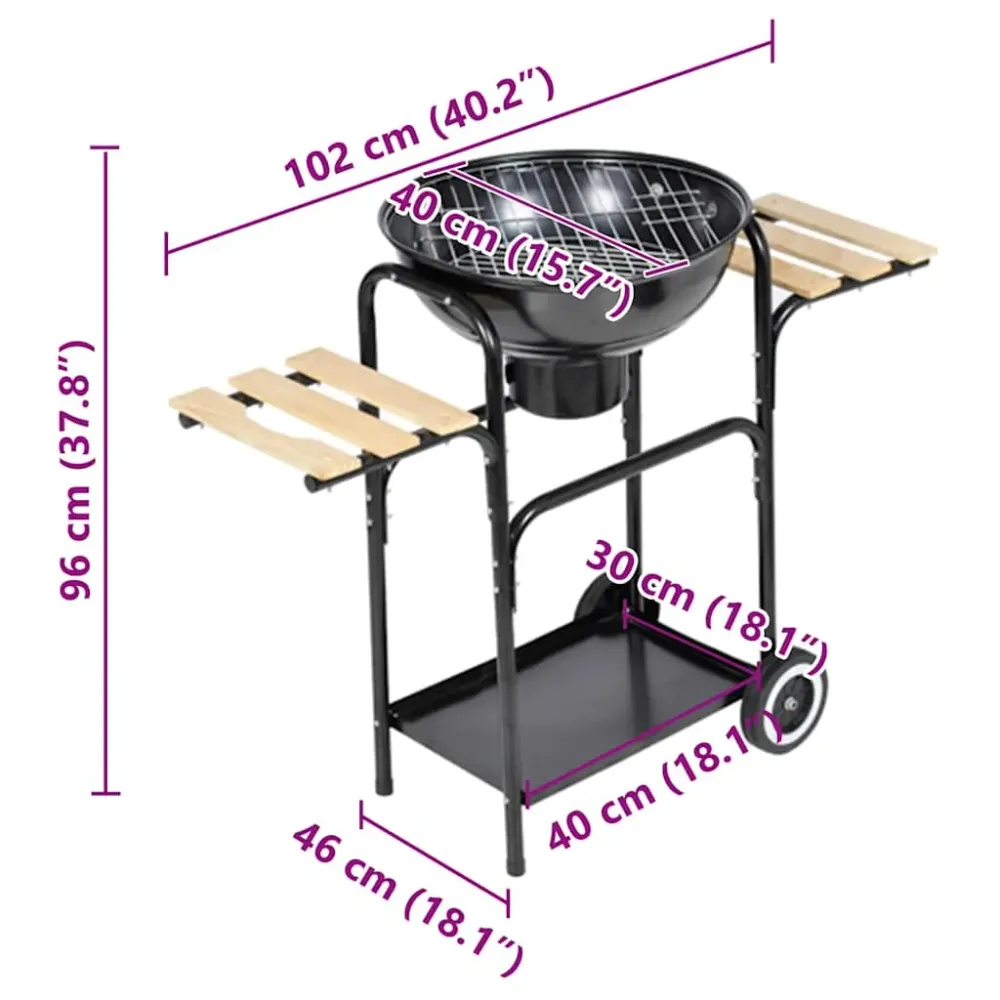 Barbacoa de carbón Louisiana con ruedas + 2 tablas laterales acero negro Ø44 cm para Uso en Exteriores