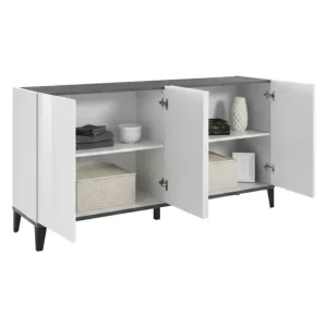 Aparador Dgarzo, Aparador de cocina de 4 puertas, Buffet de salón, 100% Made Italy, 160x40h82 cm, Blanco brillo y pizarra